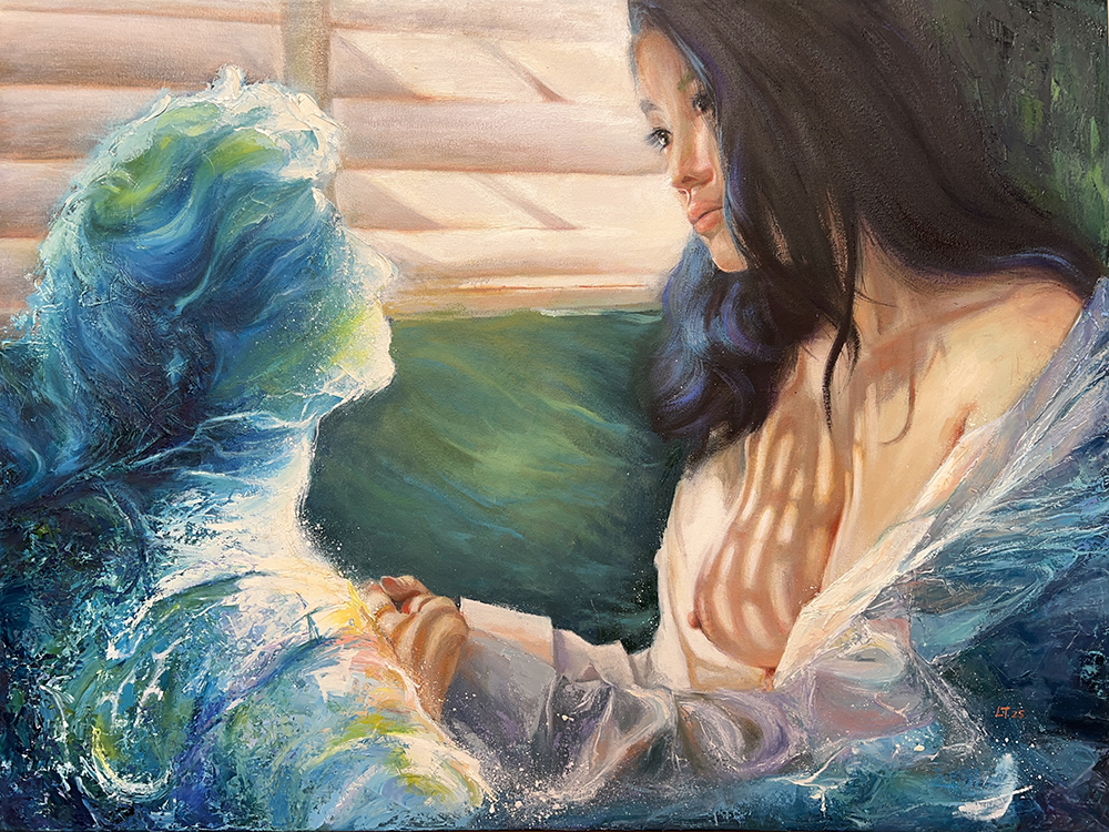 Oil painting by Lan Tang. A woman embraced by a figure formed from a wave.