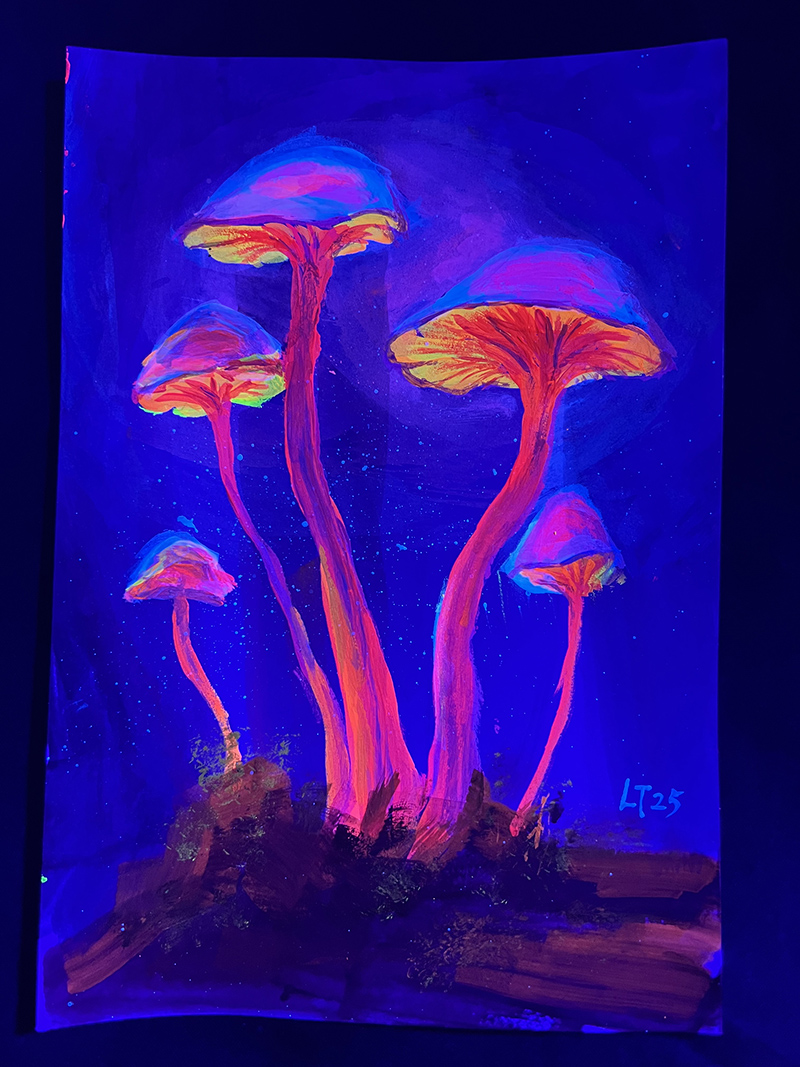 Blacklight painting of fluorescent mushrooms by Lan Tang