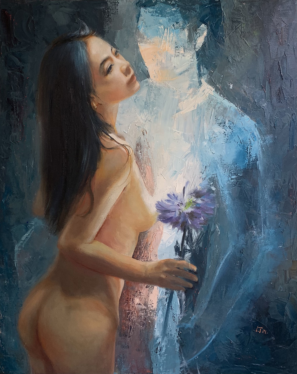 Cyberlove — oil painting by Lan Tang. A woman embracing a translucent figure.